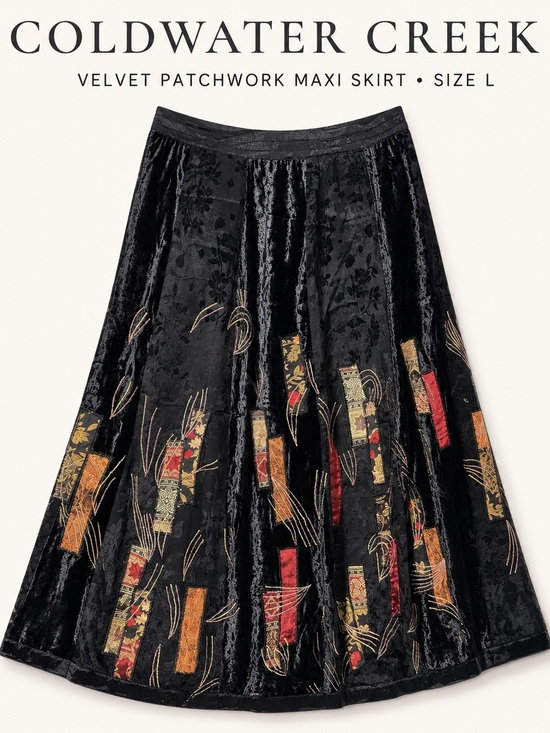 Coldwater Creek Dresses & Skirts - Coldwater Creek Black Velvet Patchwork Maxi Skirt with Accent Panels